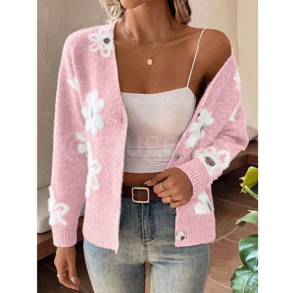 Pink Cardigan Knit Flower Textured Button Front Stretchy, Soft - Picture 5 of 9